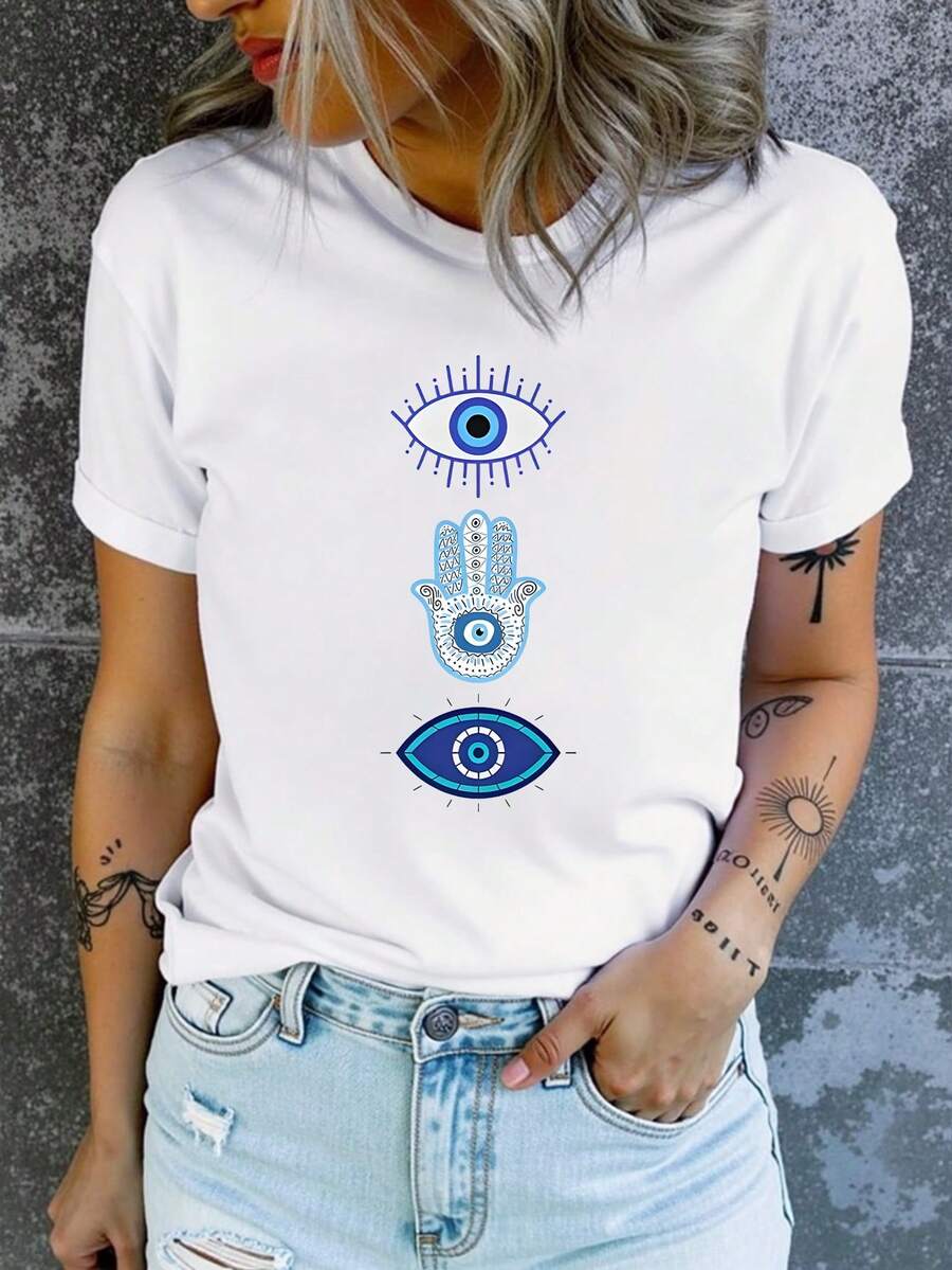 Camiseta casual de mujer de manga corta y cuello redondo - Blanco - Ver 1