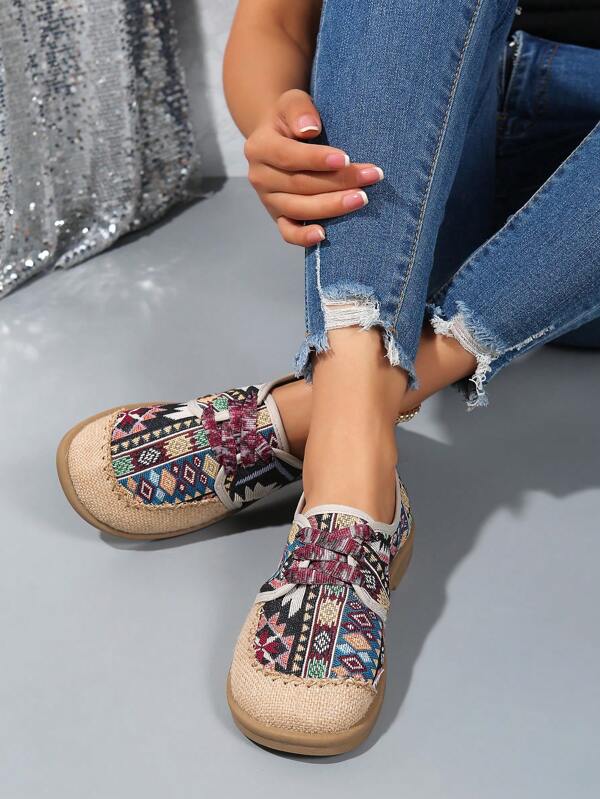 Femmes et adolescentes Chaussures plates en lin de style national à bout rond, confortables et polyvalentes, printemps/automne