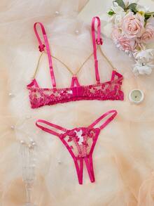 Conjunto de lencería seductora que incluye: Sujetador bordado sexy con decoración de cadena dorada y copas huecas, emparejado con bragas de entrepierna abierta. Conjunto de ropa de dormir sexy para mujer, lencería sexy para mujer, bragas para mujer, conjunto de ropa de dormir sexy para mujer, prendas sexy para mujer, conjunto de lencería sexy, conjunto de lencería para mujer, conjunto para mujer, transpirable - Rosa Fucsia - Ver 3