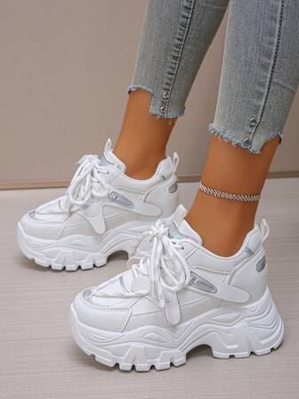8cm Hidden Heel Elevator Sneakers For Short Women, Suitable For Wide Leg Pants, Casual Leather Platform Shoes, Spring/Autumn, Versatile