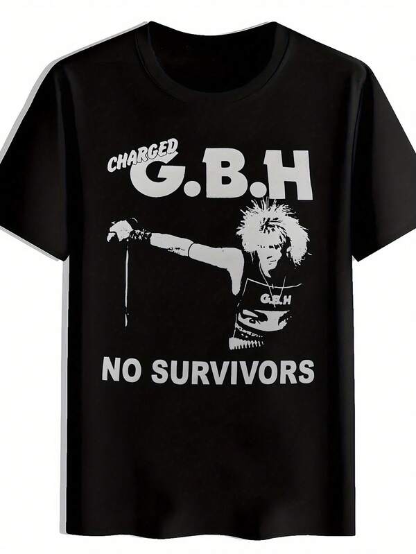 Camiseta gráfica vintage de banda de rock para hombres - Impresión CHARGED GBH & NO SURVIVORS, camiseta de verano de manga corta con cuello redondo negro, top casual 100% poliéster para conciertos, festivales y salidas a la playa