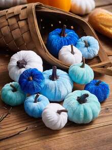 6Pcs Halloween Pumpkin Decor Faux Velvet Foam Fabric Pumpkins Decoration Fall Velvet Pumpkin Harvest Decoration Assorted Faux Blue White Small Fabric Foam Pumpkin For Autumn Thanksgiving Farmhouse Table Centerpiece Halloween Mantel Party Favor Halloween Party Table Centerpiece Decoration(White, TiffanyBlue, Deep Blue) - Multicolor - View 2