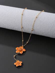 1pc Handmade Elegant Orange Layered 5-Petal Flower Pendant Necklace For Women (No Gift Box. Due To Handcrafted Cutting, The Number Of Beads On The Chain Is Random, But The Final Length Remains Fixed And Does Not Affect The Wearing Effect) - Orange - View 2