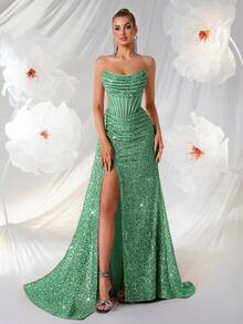 ADYCE Đầm dạ hội đuôi cá không dây vai đính sequin dành cho nữ, thiết kế xếp ly eo cao, xẻ tà bằng ruy băng satin, thắt lưng hở, thích hợp cho tiệc cocktail, tiệc tối trang trọng, đầm dài chạm sàn, cũng thích hợp cho khách dự đám cưới, các dịp trang trọng, lễ tốt nghiệp, hẹn hò và năm mới. - màu xanh lá - Xem 6