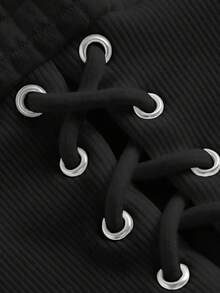 Sweat-shirt-shirt femme pour l'automne/l'hiver avec imprimé lettres, cordon de serrage bicolore, œillets métalliques côtelés, pour un port casual au quotidien