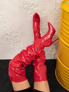 بوت طويلة حتى الفخذ ذات سحاب جانبي أحمر، أنيقة وأنيقة، مناسبة للحفلات وجميع المواسم