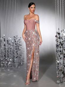 奢华闪亮厚水晶钻石亮片透视网纱长裙，单肩领口设计，性感紧身剪裁，适合婚礼伴娘礼服、女士明星正式晚宴、节日派对等场合。 - 咖啡棕 - 查看 4