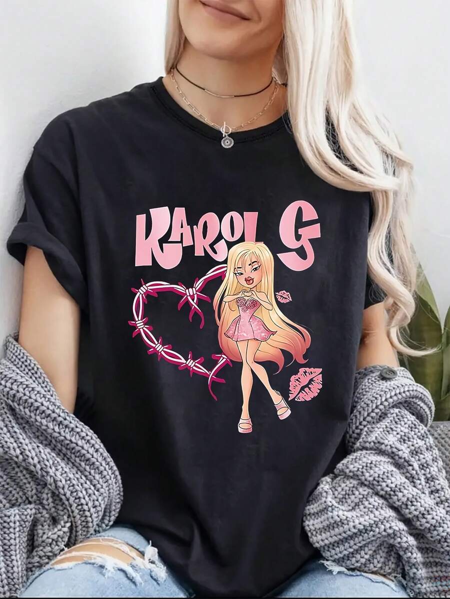 1 Camiseta Gráfica '' Para  - Manga Corta, Cuello Redondo Casual, Ropa Para Todas Las Estaciones, Regalo Perfecto Para Vacaciones O Cumpleaños, Mezcla De Poliéster, Diseño Con Letras Osadas, Ropa Versátil | Diseño Juguetón | Tela Brillante, Camisetas Para Damas - oscuro - Ver 1
