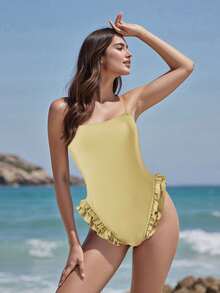 Traje de baño monokini para mujer, color sólido, tirantes finos, volantes, sin mangas, traje de baño de verano, bikini - Amarillo - Ver 5