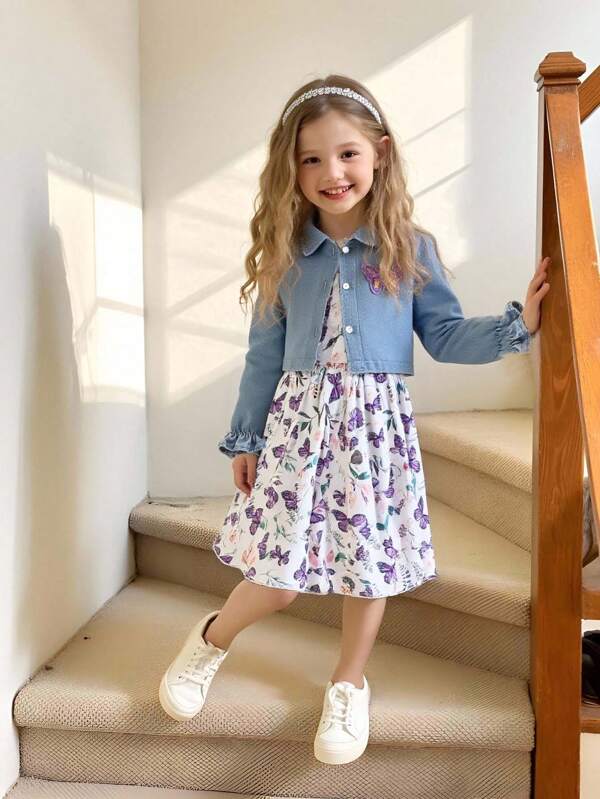 2pcs/Set Young Girl Casual Denim Jacket And Butterfly Floral Print Dress Suit, Suitable For Outdoor, Daily And Vacation, Summer