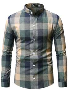 Camisa abotonada a cuadros de manga larga para hombre, corte ajustado y cómoda, adecuada para otoño e primavera, se puede usar en ocasiones diarias o de negocios. - Verde - Ver 2