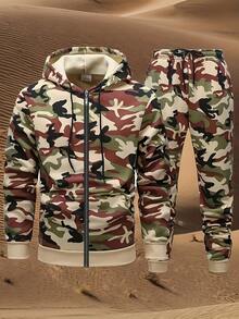 Men's Camouflage Zippered Hoodie And Sweatpants Set - Casual 2-Piece Polyester Zippered Sweatshirt Set, Long Sleeves, Machine Washable, Suitable For Spring/Autumn  Tropical    Spring/Fall    Loose    Zipper  Pocket  Drawstring - Khaki - View 3