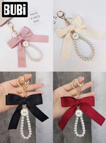 Pearl Bow Keychain For Women Female Lady Girls Fashion Ornaments Universal Bag Pendant Car Key Chain Wristlet Handbag Decoration Holiday Gift Auto Accessories