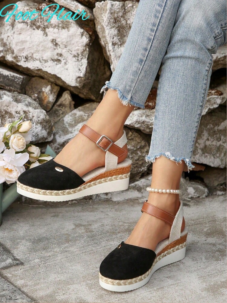 Foot Flair Women's Plus Size Color-Block Strap Backless Espadrille Sandals, Beach Resort Style, Summer New Arrival Lightweight Platform Roman Sandals - Black - View 2