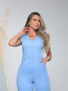 Women's Tailored Jumpsuit With Button At The Front C3154 - Baby Blue - View 5