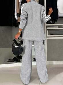 大码女式休闲时尚通勤轻运动风格侧条纹装饰长袖西装外套和裤子两件套西装套装 - 涤纶，可机洗，适合春秋季节。 - 灰色 - 查看 2