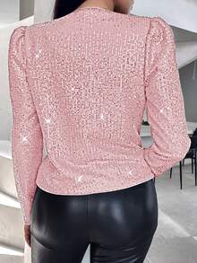 ChicMe 女款亮片開襟西裝外套，附肩墊、花瓣袖、長袖，時尚派對夜店穿搭 - 粉色 - 查看 3