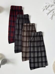 4pcs/Set Men's Plaid Print Airy Shorts, Casual Loose Elastic Waist Pajama Pants, Comfortable Multi-Color Set