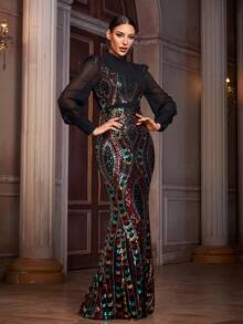 女士派对亮片装饰薄纱长袖拼接连衣裙婚礼黑色春季 - 黑色 - 查看 4