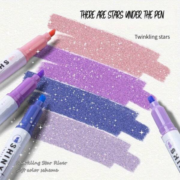 1set/4pcs Random Color Glitter Highlighter Pens - Fine Tip Pastel Markers For Scrapbooking, School Supplies & Kawaii Stationery