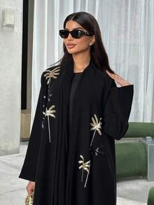 端庄女士阿拉伯迪拜串珠刺绣黑色阿巴雅长袍外套 - 黑色 - 查看 4
