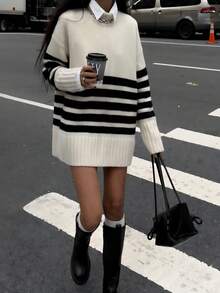 Suéter feminino casual grande com listras pretas e brancas, gola redonda, manga comprida, adequado para o dia a dia, rua e deslocamento, outono/inverno - Bege - Ver 5