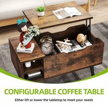 Lift Top Coffee Table With Compartment, Adjustable Storage Shelf, Spring Lifter, 80x40x61.5cm - Dark Rustic Oak - View 5