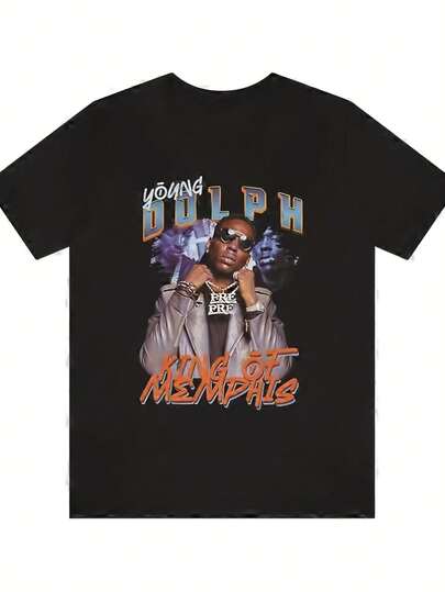 Camiseta de hombre Young Dolph King of Memphis - Camiseta gráfica oficial de rap con retrato de Young Dolph y texto de Memphis - Peso pesado 999 Flow - Ropa para fanáticos del hip-hop - Camiseta conmemorativa de  Young Dolph - Negra con letras doradas y naranjas - Camiseta de manga corta de cuello redondo lavable a máquina para hombres - Regalo de tributo a la música rap, TALLA GRANDE