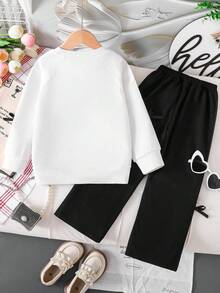 青少年女孩卡通印花圆领运动衫和运动裤套装 - 白色 - 查看 2