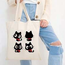 1pc Women's Fashion Canvas Shoulder Bag - Cute Black Cat Design With Red Scarves, Durable Polyester Canvas, Fade-Resistant & Machine Washable, Large Capacity Reusable Tote For Travel, Shopping, Picnic, Daily Use - Holiday Gift Bag, Novelty Purse, Picnic Accessory, Playful Print, Sturdy Construction, Casual Accessory,  Handbag, Highquality Fabric, Travel Essentials - 1套 - 查看 3