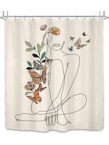 Abstract Shower Curtain With Hooks, 66x72 Inch, Waterproof Modern Minimalist Line Art Ladies Aesthetic Creative Bath Curtain