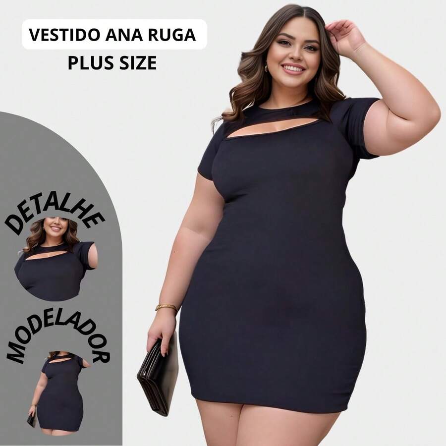 女性加大碼高級針織時尚博主黑色洋裝 - 黑色 - 查看 1