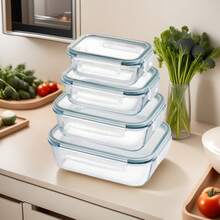 STARLEY-Set 4 fiambreras borosilic rectangulares 370-600-1000-1500ml,Juego de 4 recipientes de almacenamiento de alimentos de cristal,recipientes de vidrio con tapas - Blanco - Ver 10