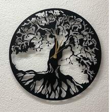 Tree Of Life Metal Wall Clock, Black Large Wall Clock, Silent Mid Century Wall Clock, Tree Clock, Modern Living Room Clock, Horloge Murale] Chic Metal Wall Wall Sculpture Detailed Cutout Metal Wall Decor Metal Tree Wall Decor Metal Wall Decor With Birds - 黑色 - 查看 3