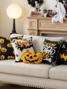 1pc Halloween Ghost& Witch& Spider& Pumpkin Exquisite Embroidery Cushion Pillowcase, Decorated For Multiple Room Types And Sizes, Machine Washable, Zipper Closure, No Pillow Core Home Decor Halloween Decor Room Decor Pillow Case Pillow Cases Cushion Cover Cushion Covers