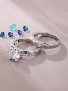 两枚经典优雅闪亮六爪圆形白色锆石戒指，情侣结婚订婚周年纪念情人节生日珠宝礼物 - 銀色 - 查看 4