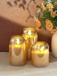 3支装无焰蜡烛灯，带定时/遥控功能，电池供电，许愿蜡烛灯，无异味蜡烛灯，优质透明玻璃罩，3支逼真火焰柱状蜡烛，温暖火焰，适用于家居、卧室、婚礼、求婚、圣诞节、万圣节、情人节、公司聚会等场合 - 金色 - 查看 4