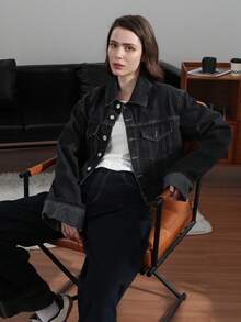 Jaqueta Denim de Manga Longa com Lapela de Cor Sólida Fashionable para Mulheres - Preto - Visão 3