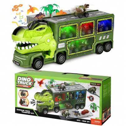 Combination Dinosaur Toy Car Set, Dinosaur Monster Truck Toy Dinosaur Transport Car For Boys Include 8 Dino Figures, Dinosaur Eggs & Activity Mat, Cars Toys With Lights And Sound, Perfect Gift For Kids 3+, Ideal For Boys On Children's Day & Birthdays