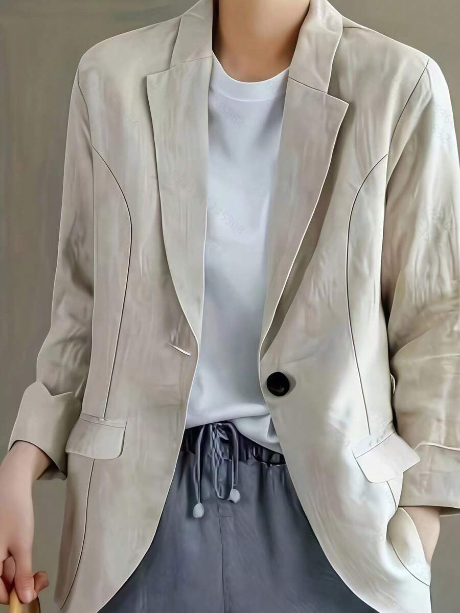 Große Größen Minimalistische einfarbige Blazer mit Kerbelkragen und einem Knopf