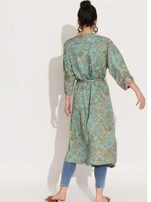Long Printed Kimono Full Print Belt Beach Vacation - Green - View 3