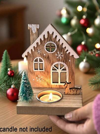 1pc Vintage Wooden Christmas Candlestick Ornament,Santa Claus Elk Wooden House Shape Design Candlestick,For Desktop Decoration,Christmas Home Decor,Parties Decor, Festival Gift,Autumn Decor,Bedroom Decor,Home Decor Living Room,Vintage Home Decor,Table Centrepiece,Desk Accessories,Wooden Create,Vintage Room Decor,Autumn Candle