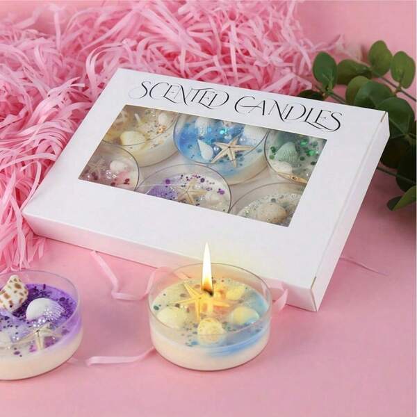 6pcs 5.8cm*5.8cm Shell-Themed Scented Candle Gift Set With Pearl & Glitter Accents - 6 Unique Scents For Romantic Ambiance, Perfect For Valentine's Day & Graduation Gifts Candles With Crystal & Ocean Shell Decor