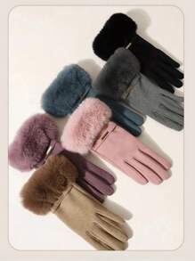 女士冬季骑行、滑雪、徒步触屏保暖手套一双装 - 加厚米色毛边保暖手套，无弹性防寒手套，适合户外活动和日常使用，舒适保暖内衬，休闲风格