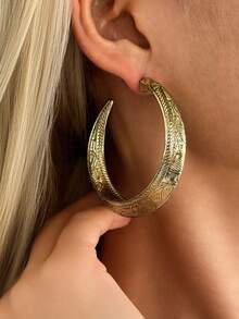 1 Pair Vintage Bohemian Style Distressed Textured Carved Geometric Hoop Earrings, Layered Design, Suitable For Daily Wear - Bronze - View 3