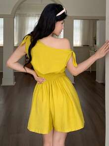 abyoxi 女士黄色性感不对称领单肩系腰极简连体裤，休闲通勤、海滩度假、日常穿着，春夏短款连体裤 - 芥末黃 - 查看 2