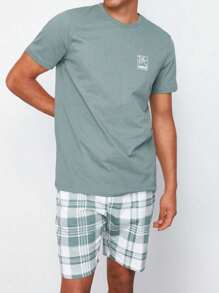 2pcs/Set Summer Lightweight Round Neck Short Sleeve Top With Plaid Print Shorts, Casual Stylish Pajama Set