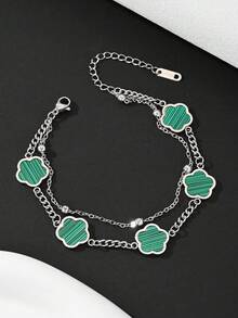 1pc Stainless Steel Men's Fashionable Five Leaf Clover Double-Layer Chain Bracelet For Daily Decoration - Bracelet - View 7