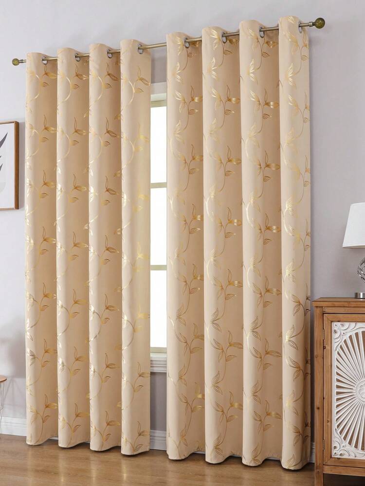 2pcs Beige Floral Blackout Thermal Curtain Panels, Modern Printed 3D Floral Design, Suitable For Living Room, Bedroom, Dining Room Home Decor, Room Decoration - Beige Gold - View 7
