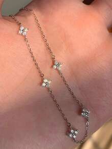 1 件女士多层流苏铜镶嵌锆石四叶项链，日常佩戴珠宝礼物（无礼盒） - 銀色 - 查看 4